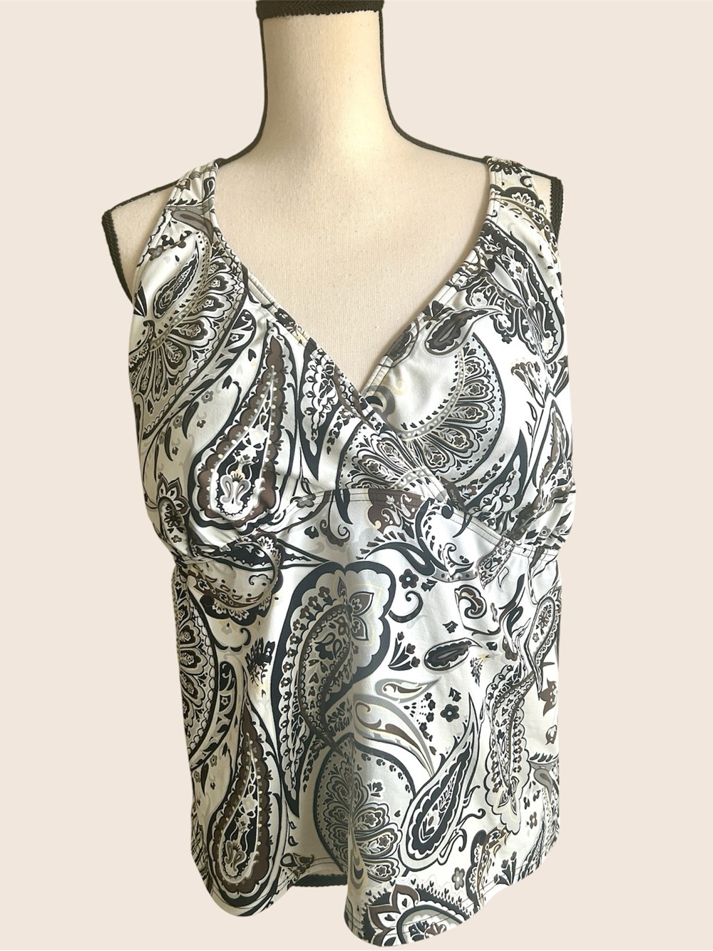 Lands' End Tankini Swim Top Black White Tan Paisley Cross Back Strap size 20W